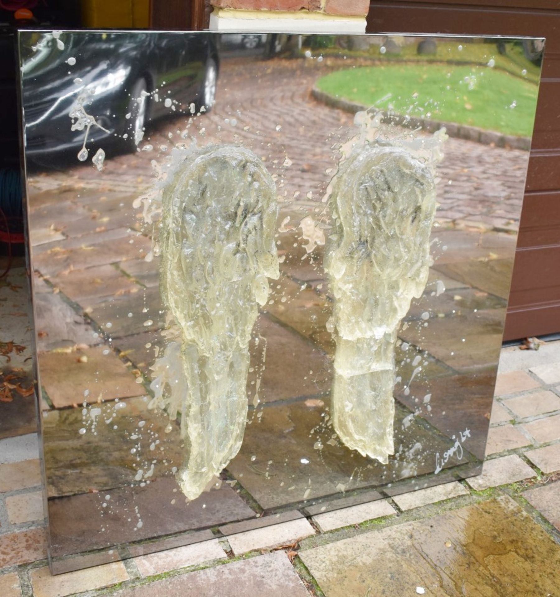 1 x Wall Mounted Sculptural Piece of Art - Angel Wings on Chrome Backdrop - Signed  by the