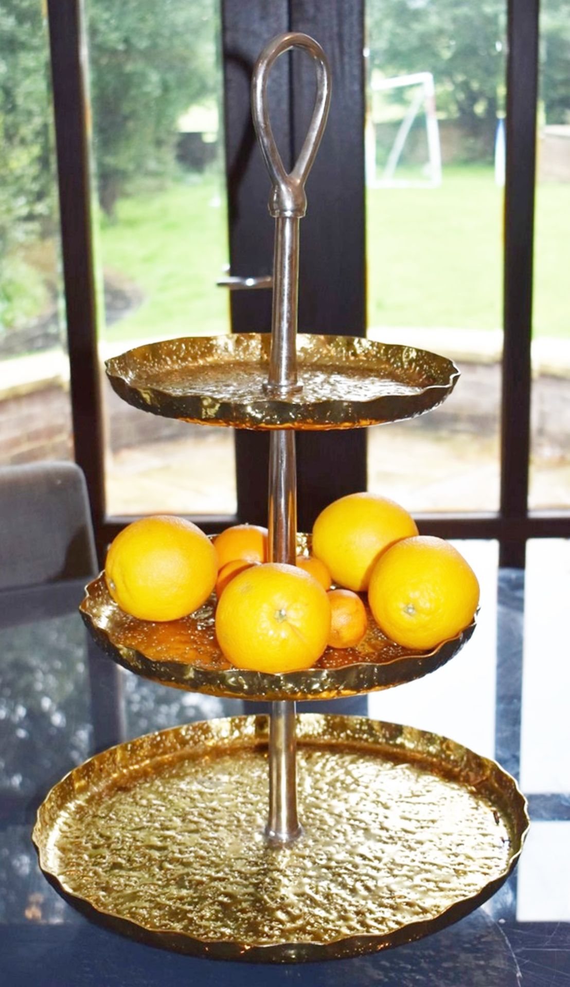 1 x Three Tier Pitted Brass Cake Stand - Height 68 x Diameter 39 cms - CL546 - Location: Hale,