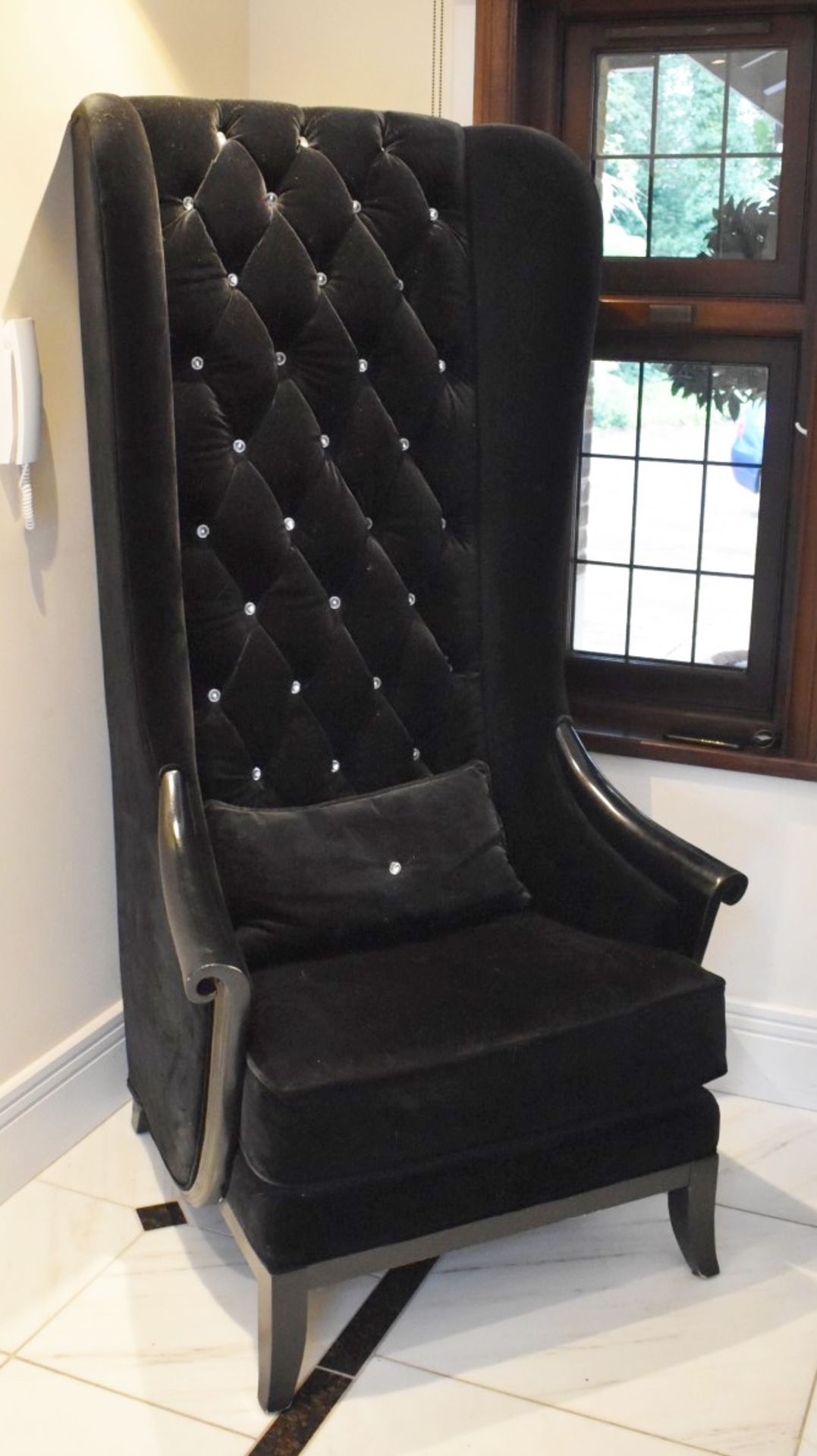 1 x Chesterfield Style Tall Wingback Armchair Upholstering in Black Velvet With Faux Crystal Studs - Image 7 of 7