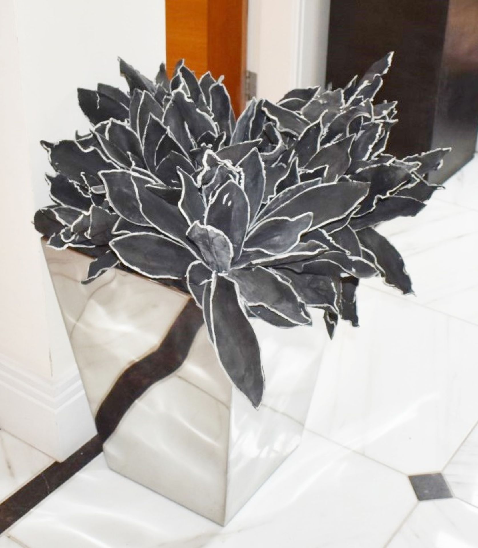 Pair of Decoration Chome Planters With Artificial Black Leaf Plants - Ideal For The Contemporary