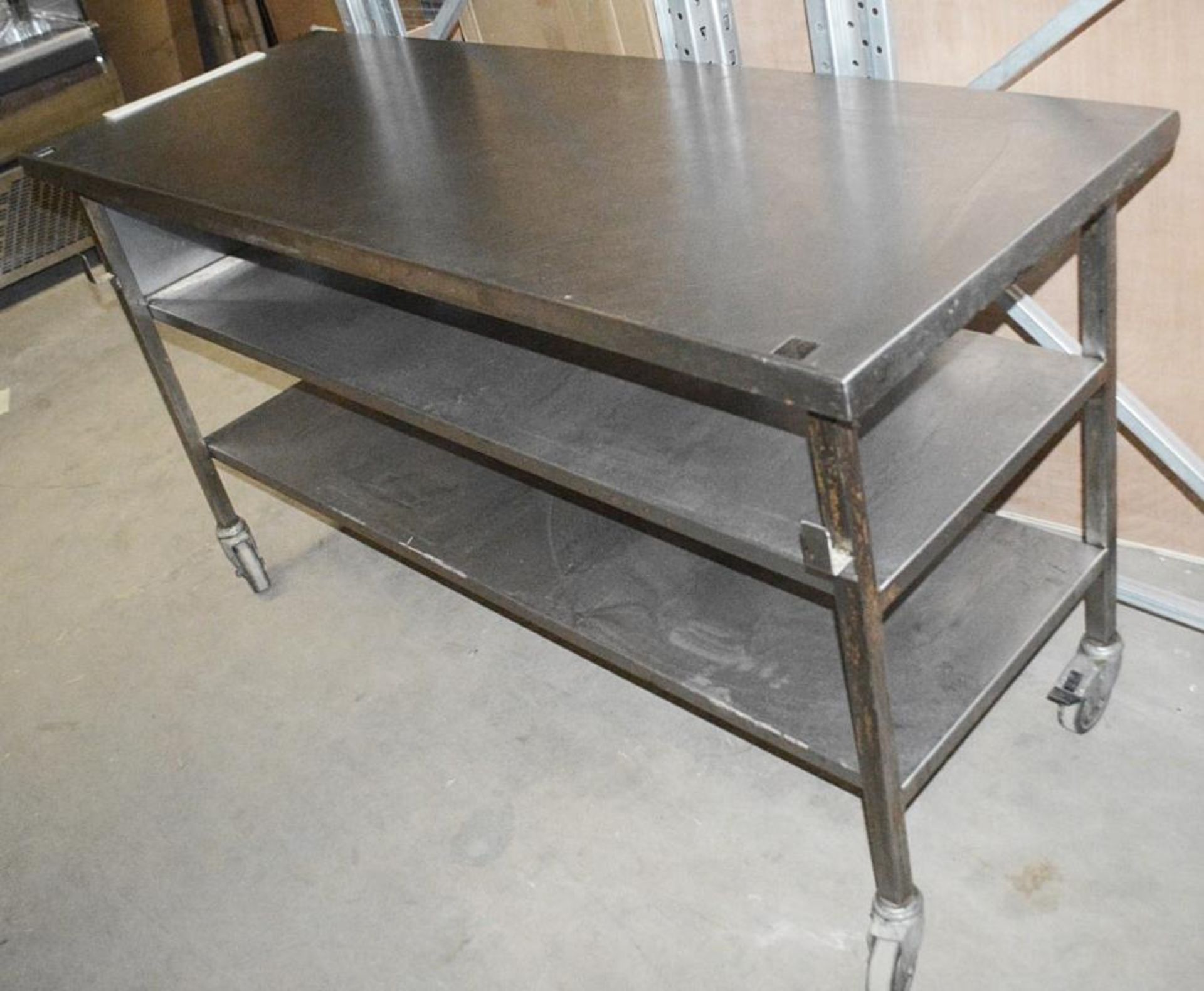 1 x Stainless Steel Commercial Kitchen Prep Table With Knife Block Undershelves, On Castors - Dimens - Bild 4 aus 4