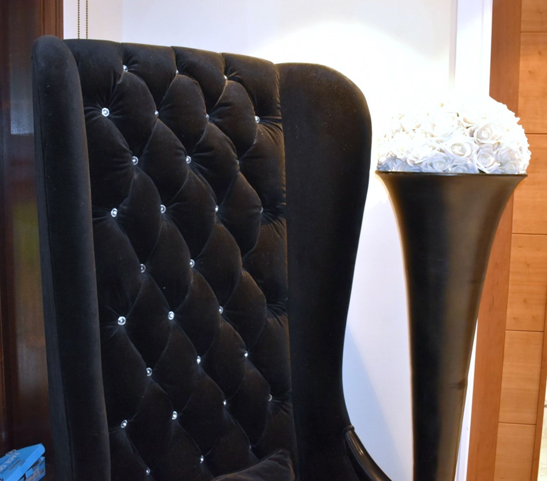 1 x Chesterfield Style Tall Wingback Armchair Upholstering in Black Velvet With Faux Crystal Studs - Image 5 of 7