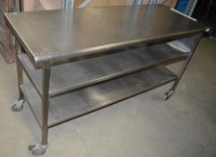 1 x Stainless Steel Commercial Kitchen Prep Table With Knife Block Undershelves, On Castors - Dimens