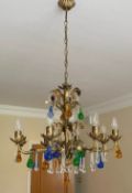 1 x Brass Chandelier With Coloured Glass Droplets - Size: 112cm Drop and 60cm Diameter - CL551 -