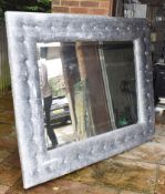 1 x Wall Mounted Mirror With Bevelled Glass, Grey Fabric Upholstered Frame and Faux Crystal Studding