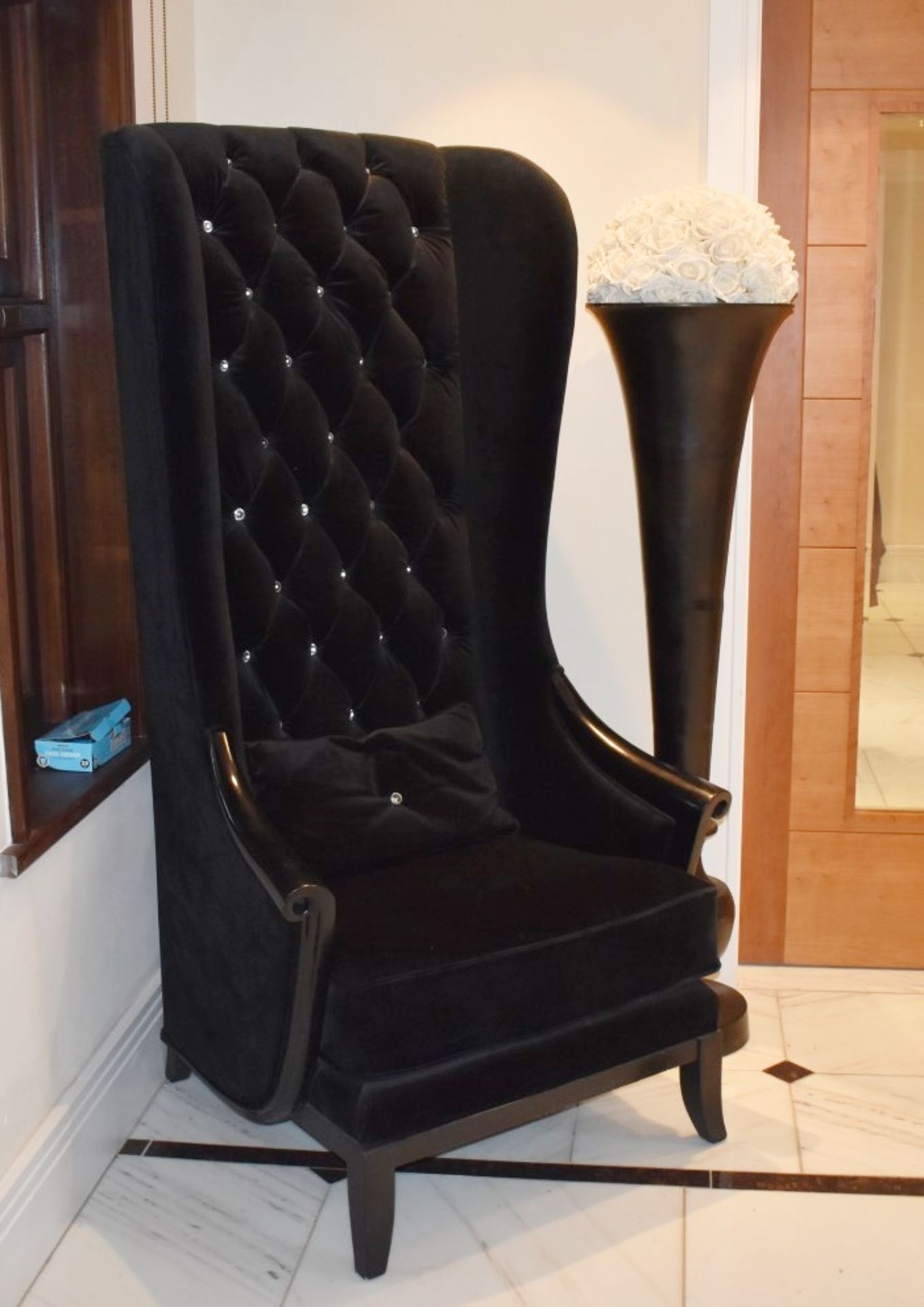 1 x Chesterfield Style Tall Wingback Armchair Upholstering in Black Velvet With Faux Crystal Studs - Image 3 of 7