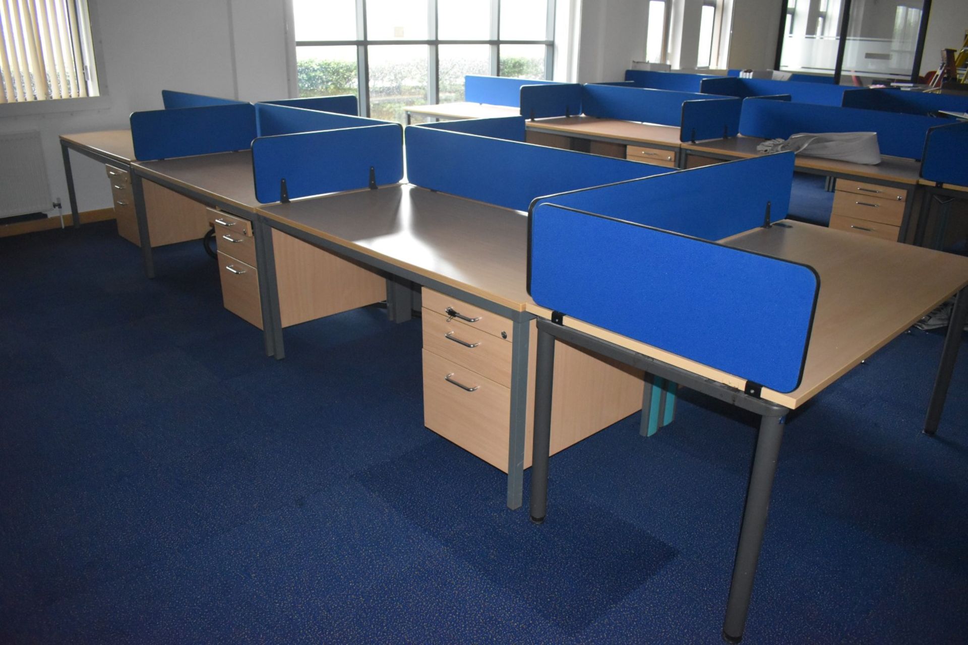 7 x Beech Office Desks With Integrated Drawer Pedestals and Privacy Partitions - Size of Each Desk - Image 9 of 10
