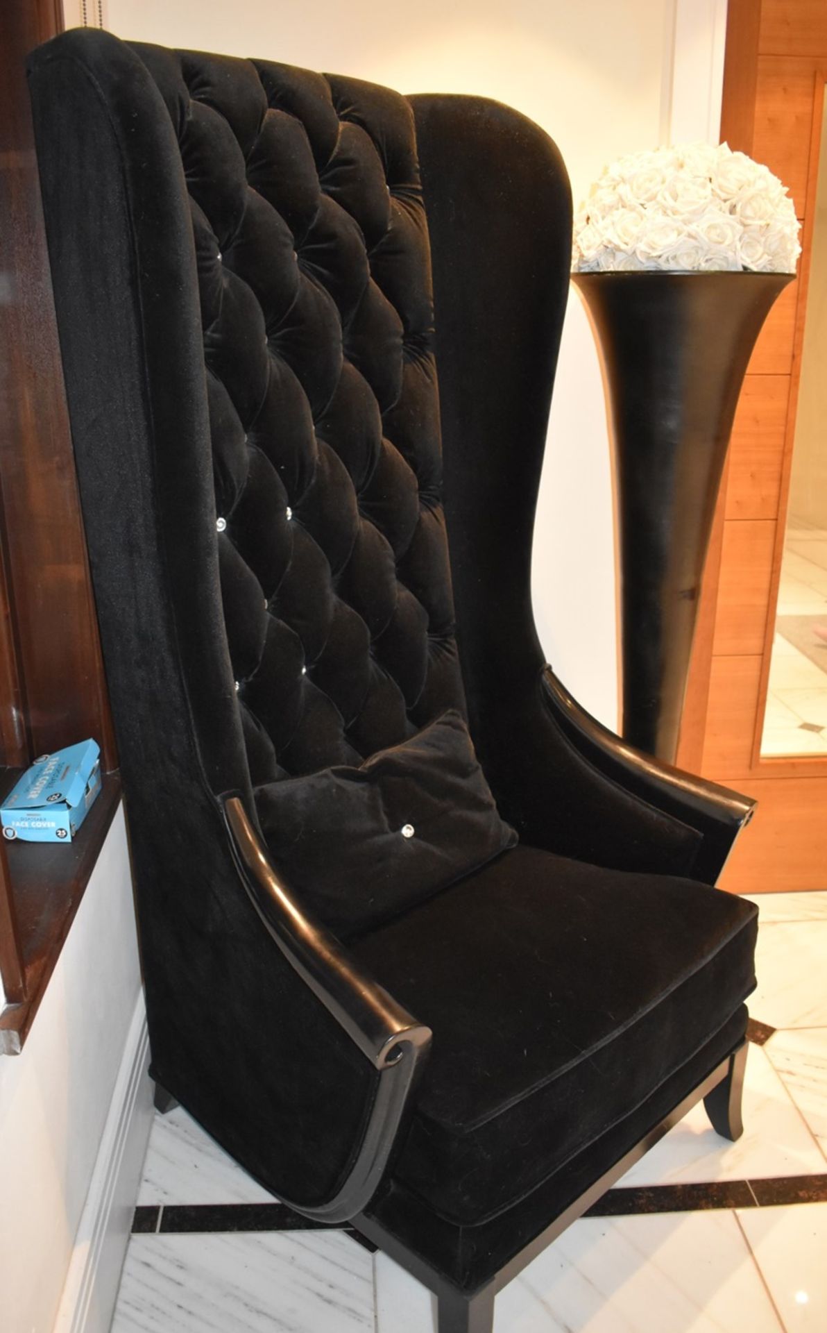 1 x Chesterfield Style Tall Wingback Armchair Upholstering in Black Velvet With Faux Crystal Studs - Image 6 of 7