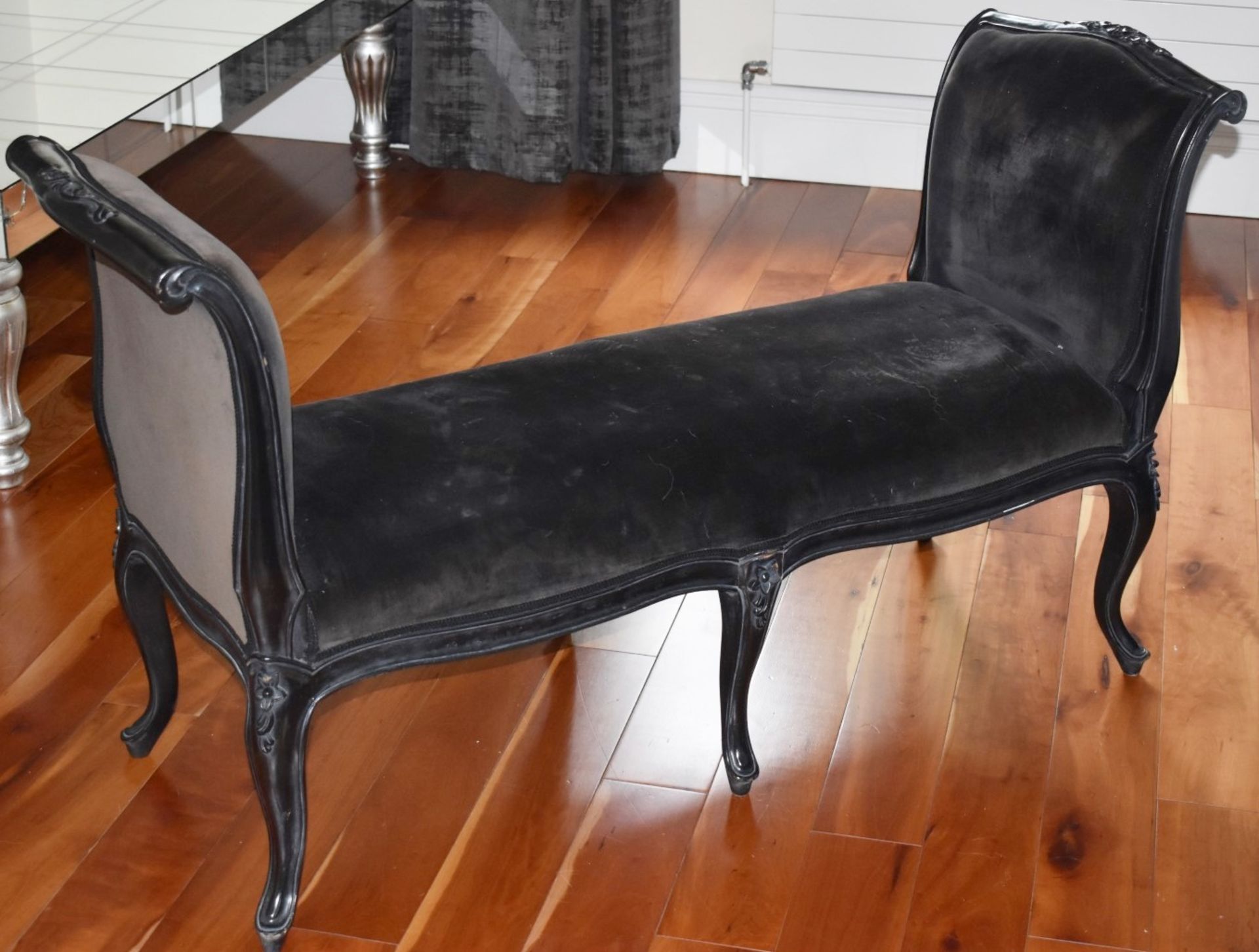 1 x Bed End Loveseat Stool Featuring Black Velour Fabric, Scroll Ends and Queen Anne Legs - Size: