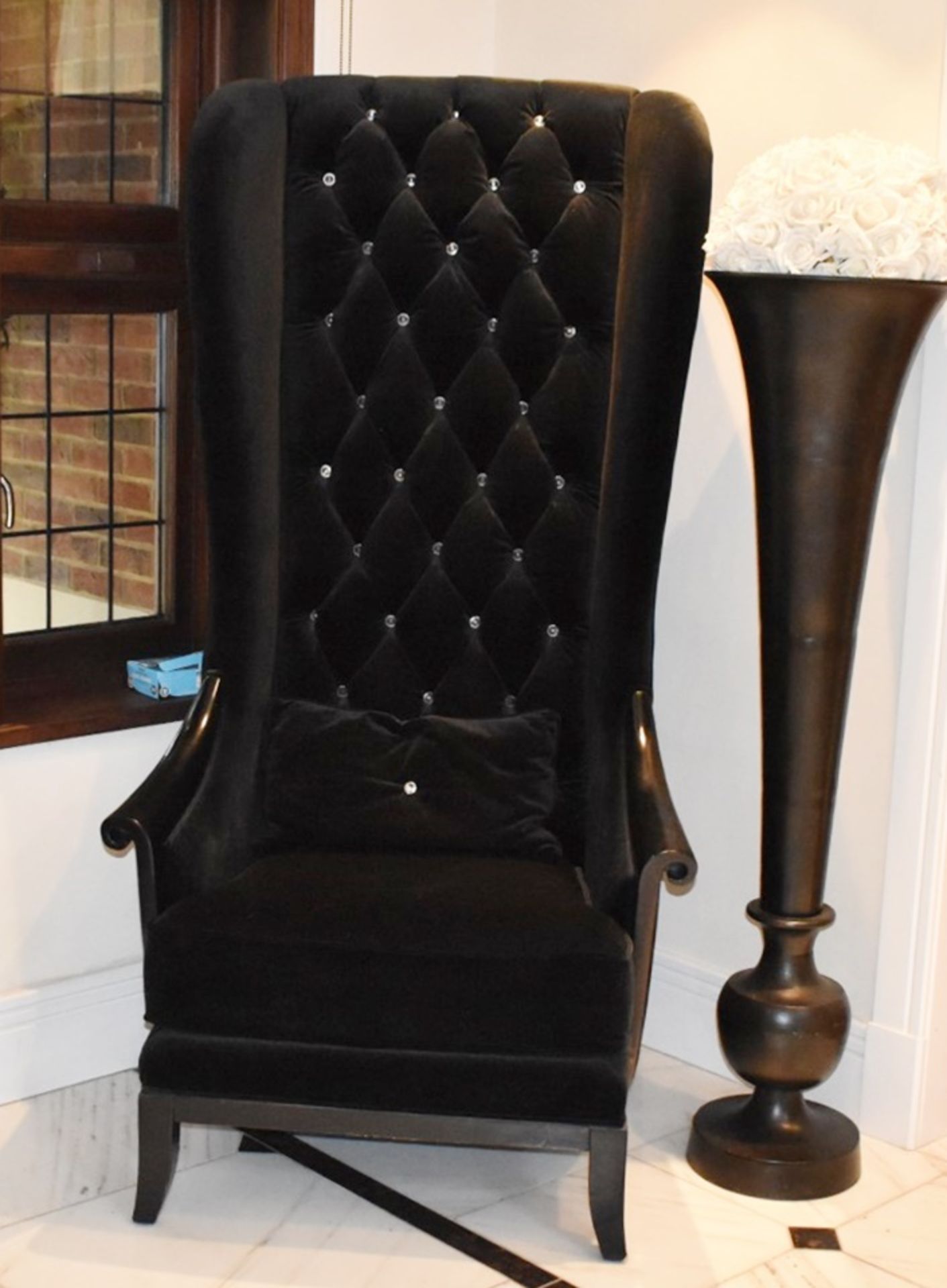 1 x Chesterfield Style Tall Wingback Armchair Upholstering in Black Velvet With Faux Crystal Studs - Image 2 of 7