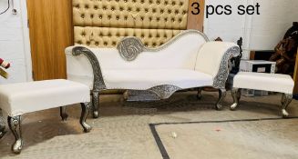 1 x 3-Seater Chaise With 2 Stools In White - Dimensions: Chaise 200cm (w) x 100cm (h), Stools