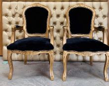 Pair of Black And Gold Gilt Chairs With Arms - Dimensions: 99cm (h) x 55cm (w) - Pre-owned - CL548 -
