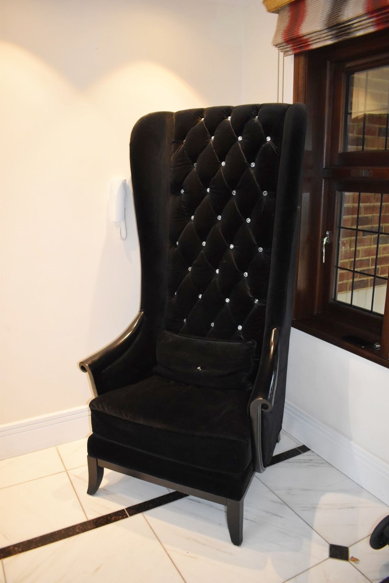 1 x Chesterfield Style Tall Wingback Armchair Upholstering in Black Velvet With Faux Crystal Studs - Image 2 of 7