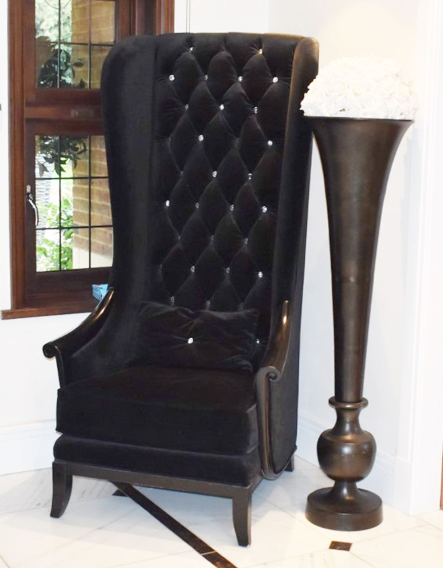 1 x Chesterfield Style Tall Wingback Armchair Upholstering in Black Velvet With Faux Crystal Studs