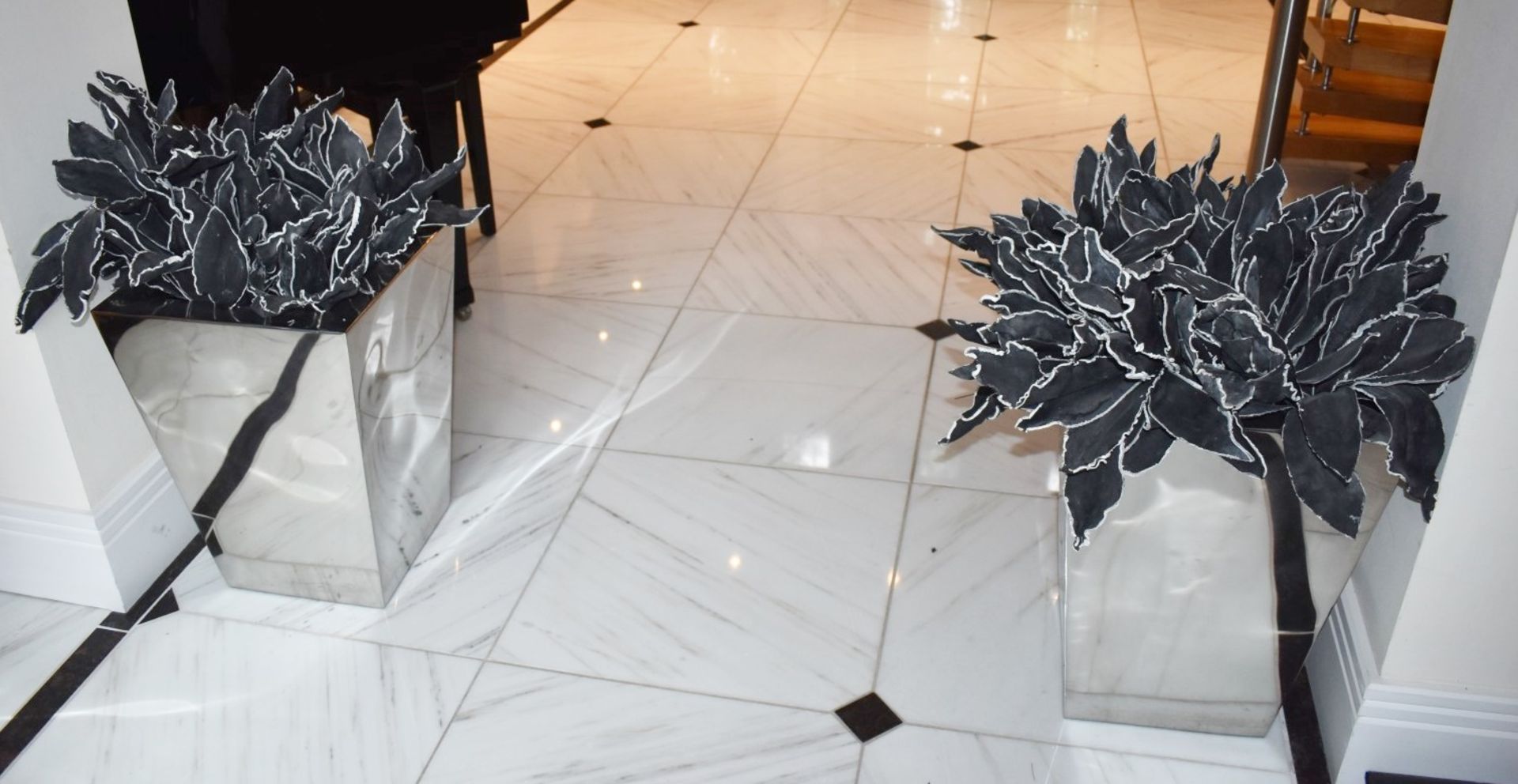 Pair of Decoration Chome Planters With Artificial Black Leaf Plants - Ideal For The Contemporary - Image 2 of 7