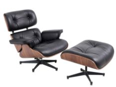 1 x Eames Inspired Leather Lounge Chair With Matching Ottoman Footrest - Timeless Retro Design