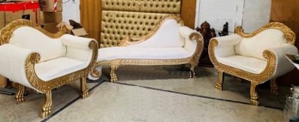 Opulent 3-Piece Carved Furniture Set With A Painted Gold Finish And Cream Brocade Fabric Upholstery