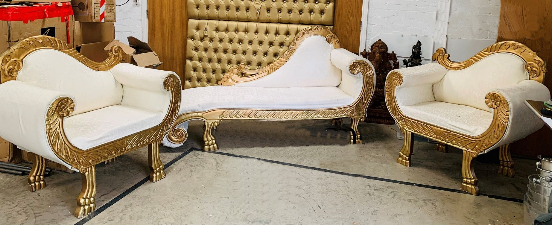 Opulent 3-Piece Carved Furniture Set With A Painted Gold Finish And Cream Brocade Fabric Upholstery