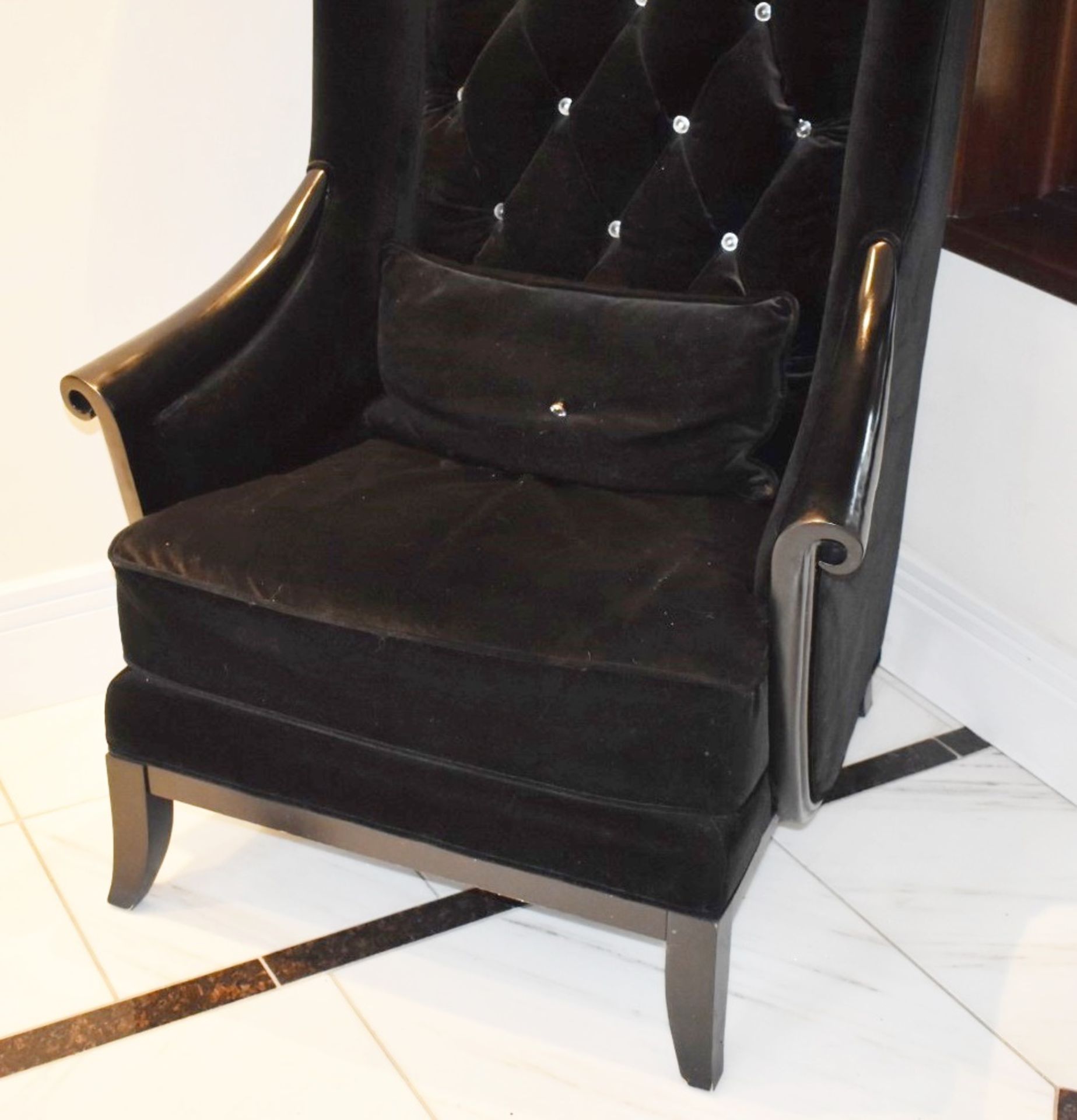 1 x Chesterfield Style Tall Wingback Armchair Upholstering in Black Velvet With Faux Crystal Studs - Image 3 of 7