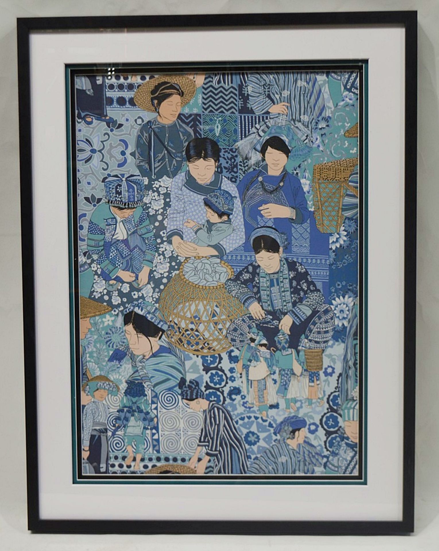 1 x FRATO Designer Framed Printed Artwork On Fabric Depicting Ladies In Blue - Dimensions: H112 x