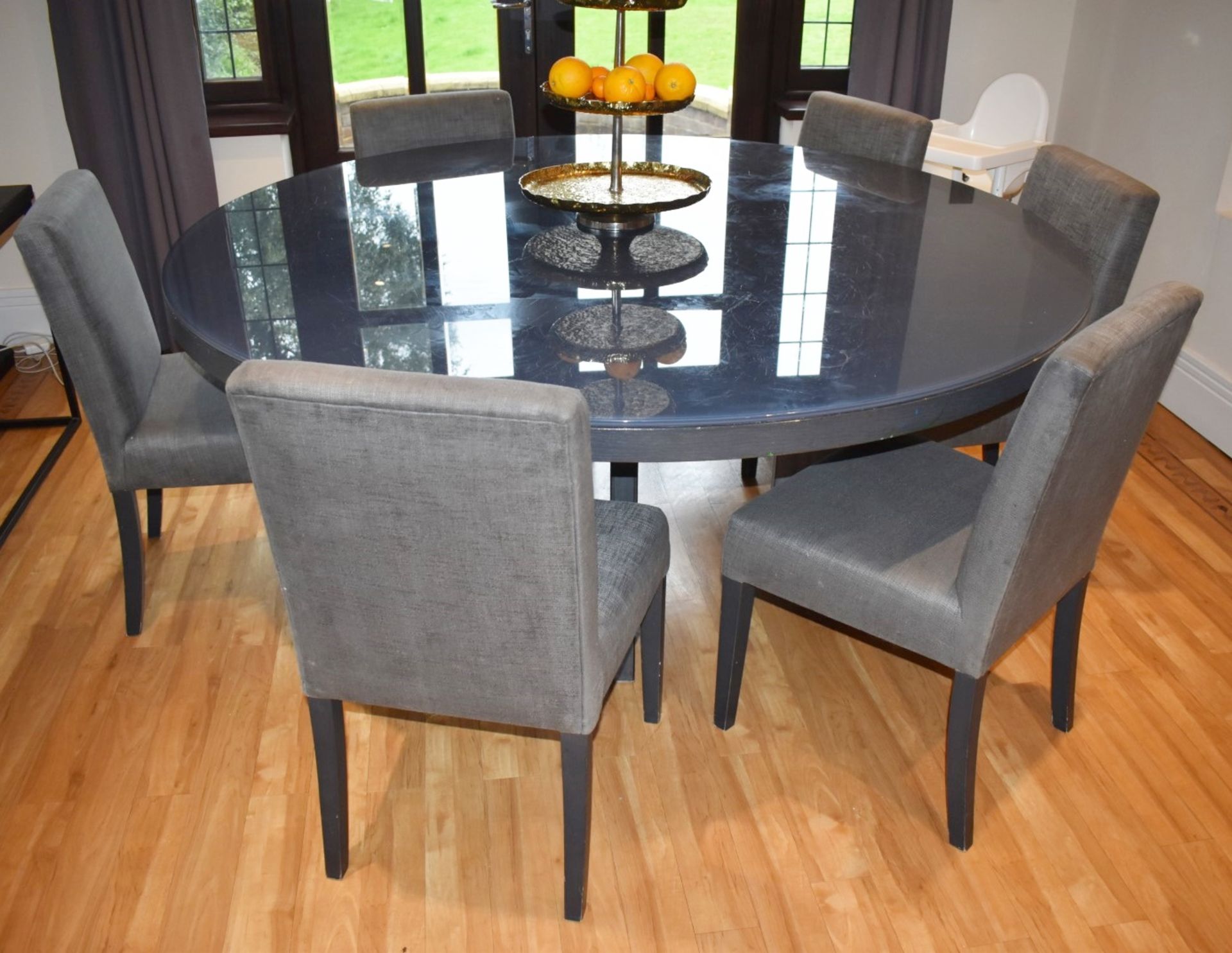 1 x Contemporary Dining Table With Six Chairs - Wenge Wood Round Table With Glass Protector and