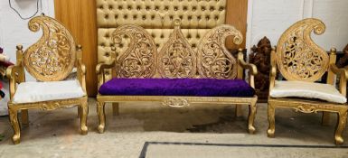 3-Piece Opulent Paisley Backed Seating Set In Gold - Includes 1 x 2-Seater Bench and 2 x Armchairs