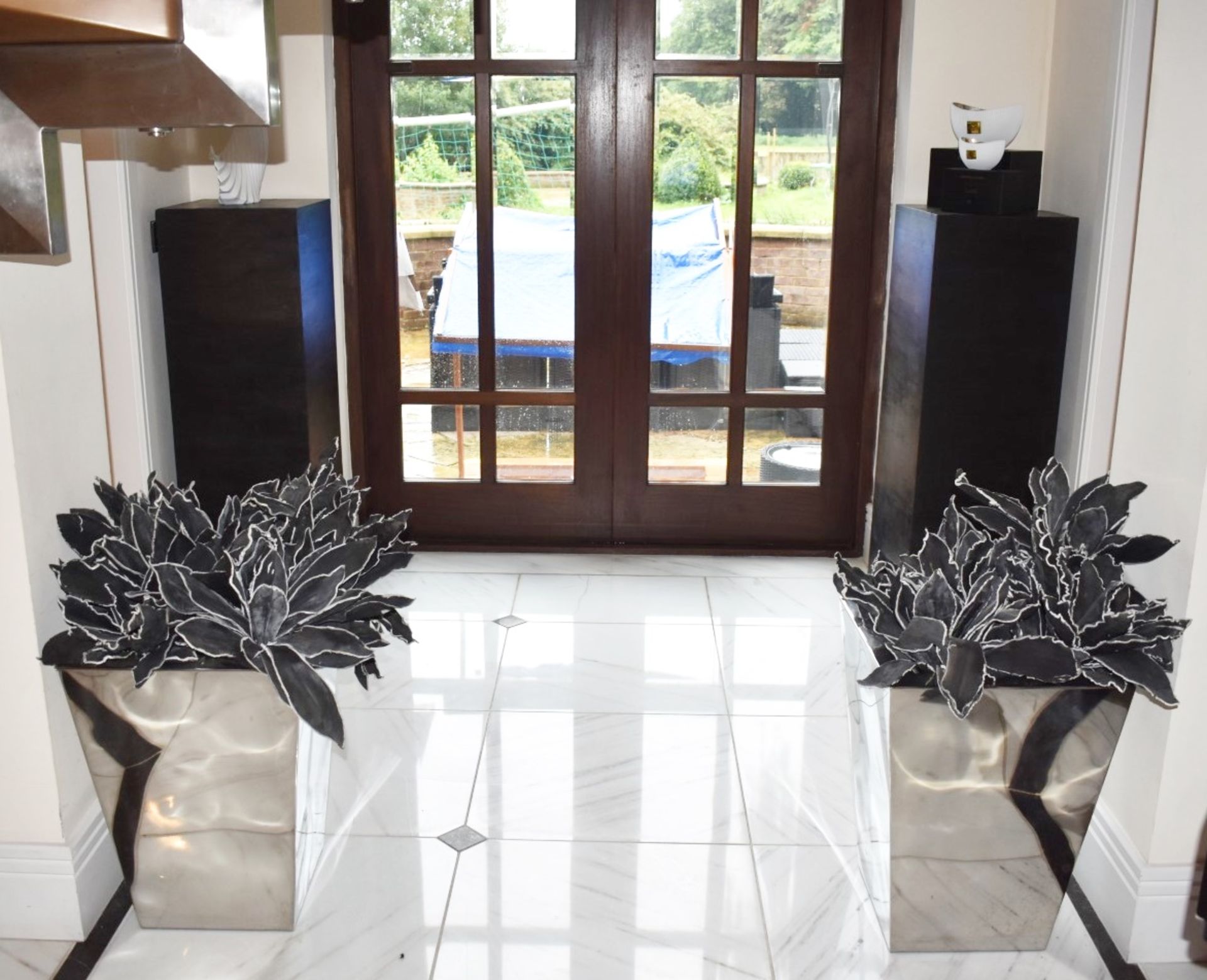 Pair of Decoration Chome Planters With Artificial Black Leaf Plants - Ideal For The Contemporary - Image 7 of 7