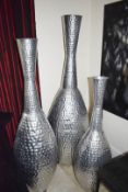 3 x Large Hammered Metal Contemporary Vases in Silver - Largest Size: Height 170 x Diameter 52 cms -