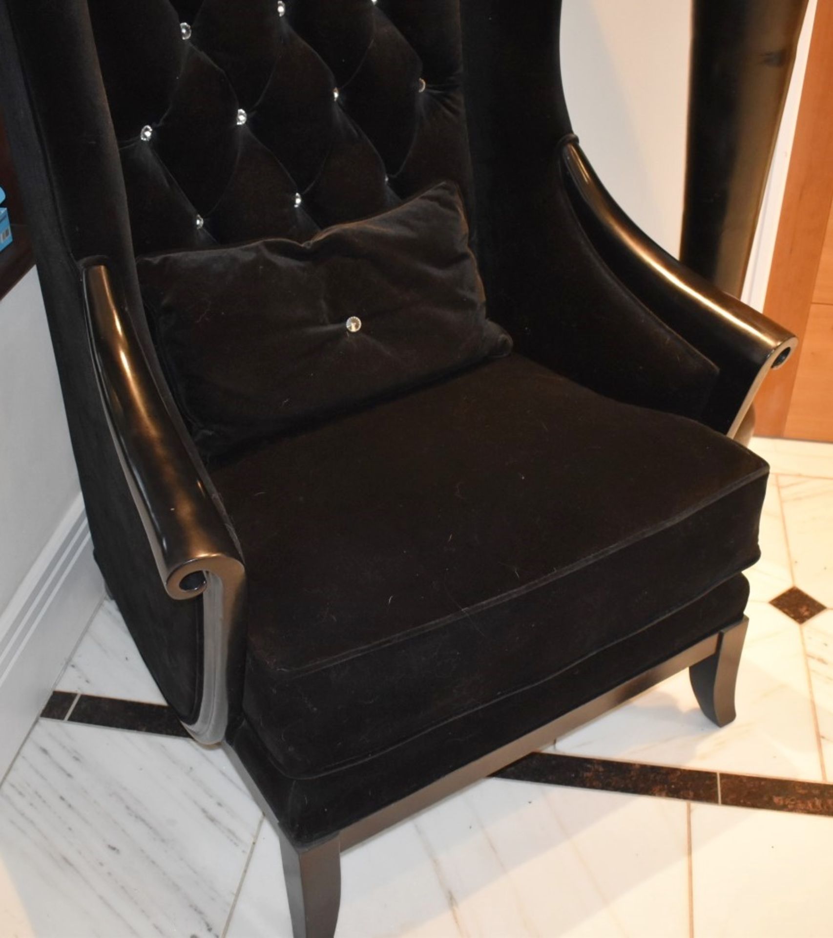 1 x Chesterfield Style Tall Wingback Armchair Upholstering in Black Velvet With Faux Crystal Studs - Image 4 of 7