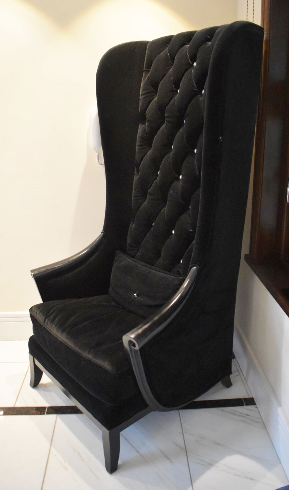 1 x Chesterfield Style Tall Wingback Armchair Upholstering in Black Velvet With Faux Crystal Studs - Image 5 of 7