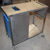 1 x Mobile Stainless Steel Prep Unit With Waste Chute, Bin and Knife Block Holder - H87 x W90 x D45