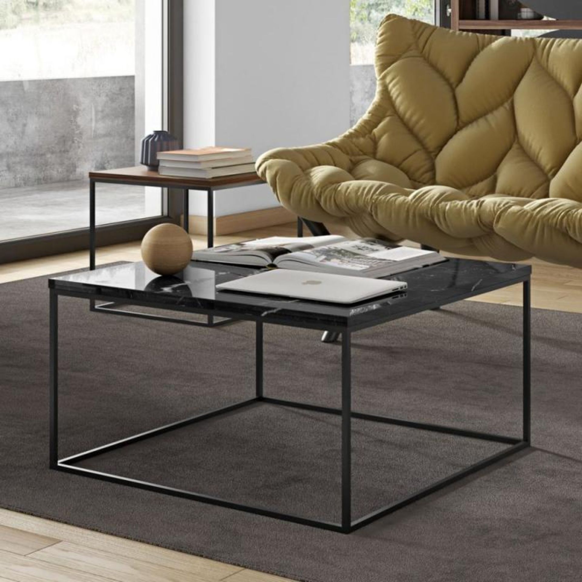 1 x Black Marquina Marble-topped 75cm Contemporary Coffee Table With A Black Lacquered Steel Base -