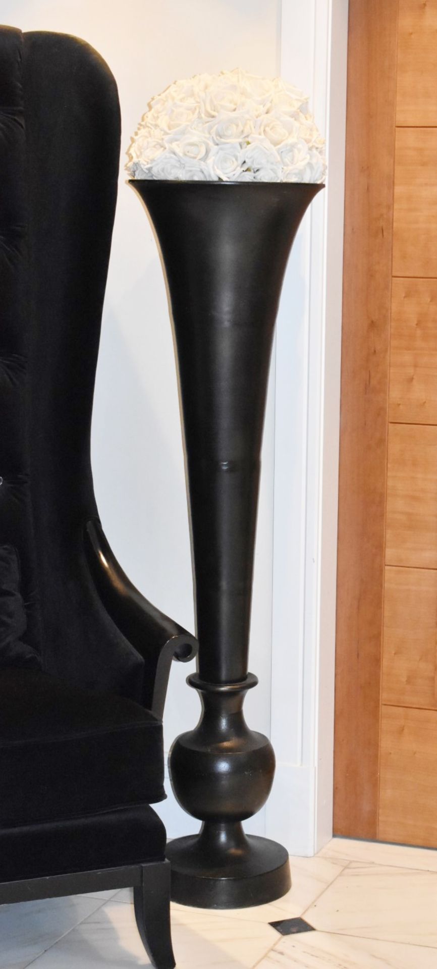 Pair of Tall Trumpet Style Vases - Approx 5.5ft Tall - Metal Vases Finished in Black With Artificial - Image 3 of 8