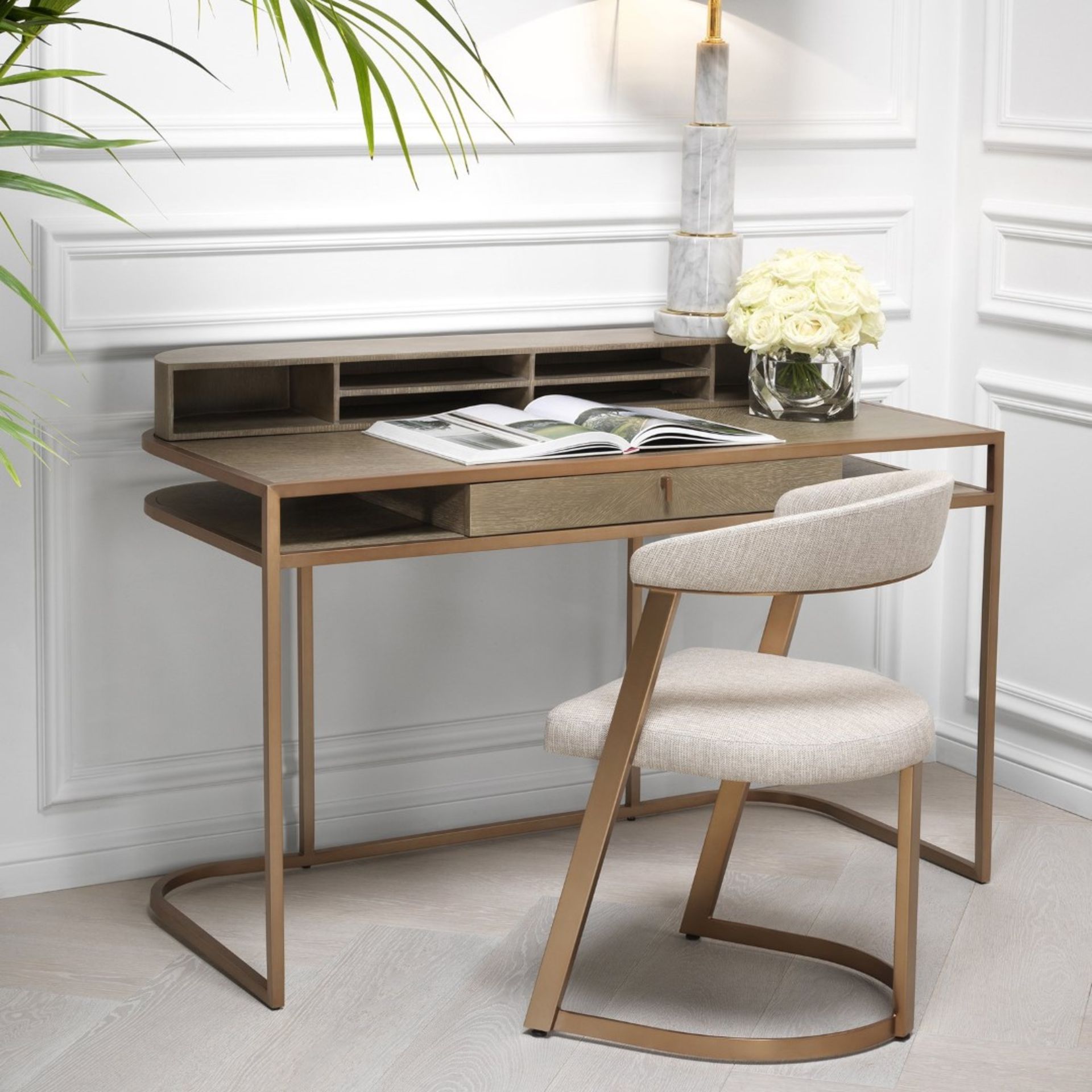 1 x EICHHOLTZ 'Highland' Designer Desk With Washed Oak And Brushed Brass Finishes - Ex-Display -
