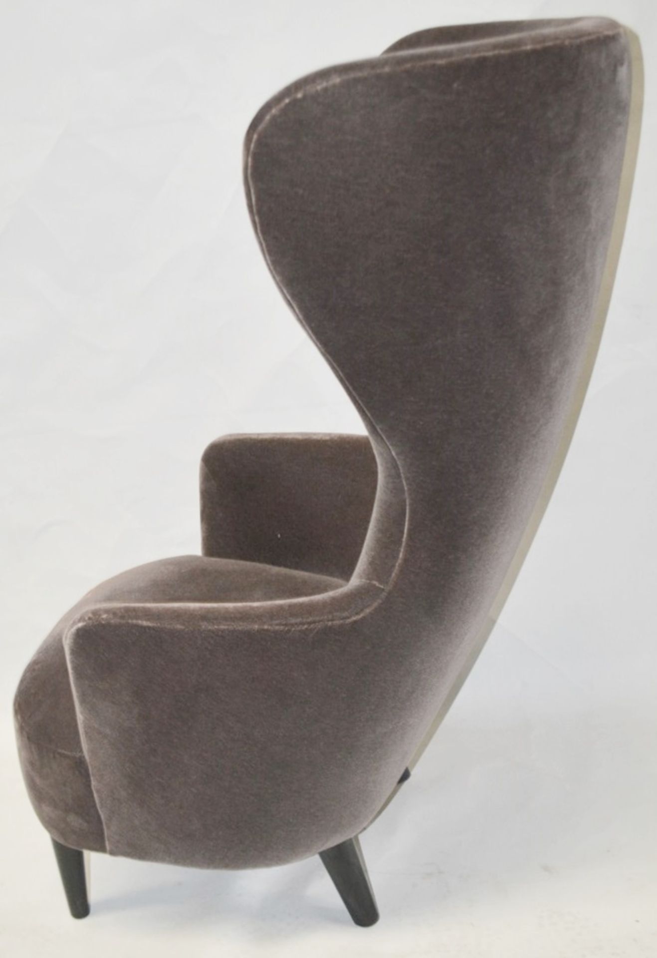1 x TOM DIXON Designer Handcrafted Wing-Back Chair In A Light Brown Velvet With Black Solid Oak Legs - Image 8 of 9