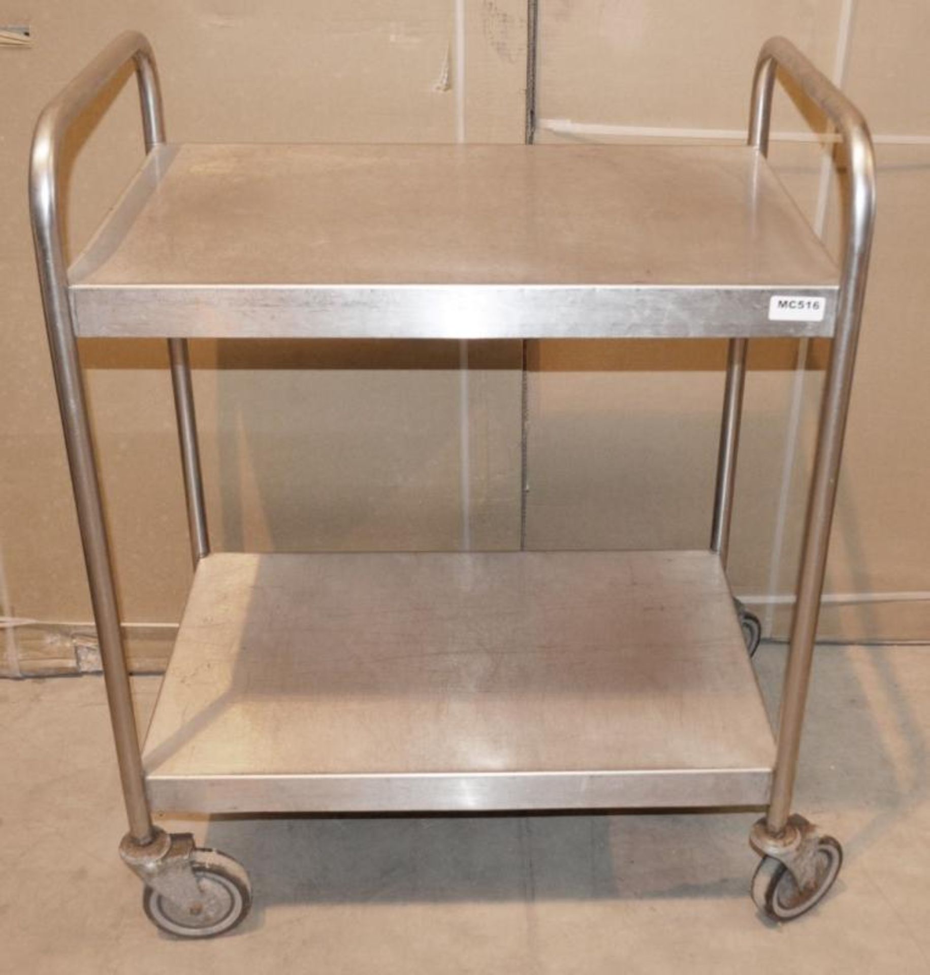 1 x Stainless Steel Commercial Kitchen 2-Teir Trolley On Castors - Dimensions: W74 x D48 x H95cm - V