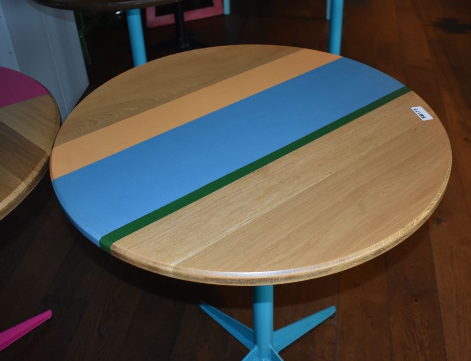 2 x Contemporary Round Dining Tables WWith Oak Tops and Pink/Blue Steel Bases - 73cm Diameter - Ref: - Image 3 of 3