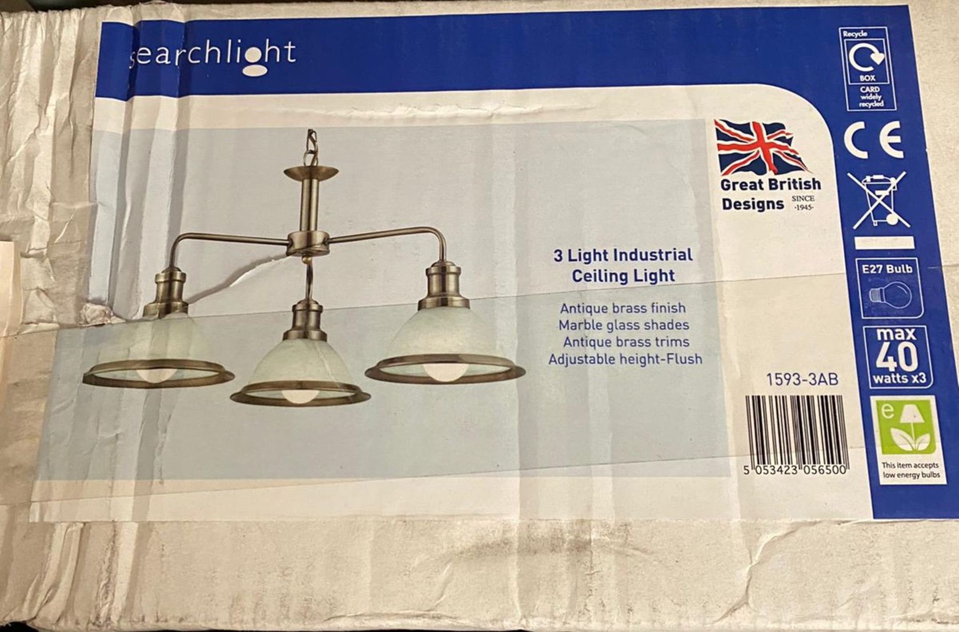 1 x Searchlight Industrial Ceiling Light in Antique Brass - Ref: 1593-3AB -New and Boxed - RRP: £100