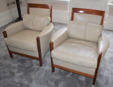 Pair of Giorgetti Cream Leather Armchairs With Cherry Wood Frames - From an Exclusive Hale Property