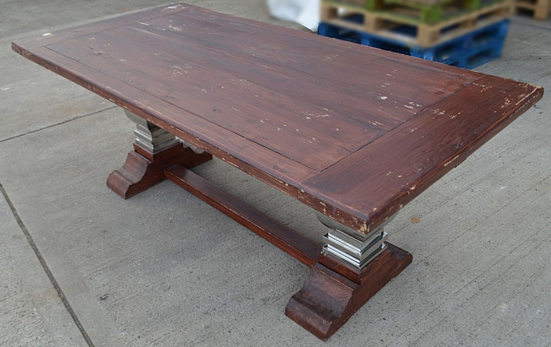 1 x Sturdy 2 Metre Georgian-Style Solid Wood Dining Table In A Dark Stain With A Chromed Base