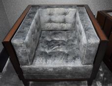 1 x Bespoke Armchair With Grey Upholstery and Wood Panel Back and Sides - Dimensions: H74 x W90 x