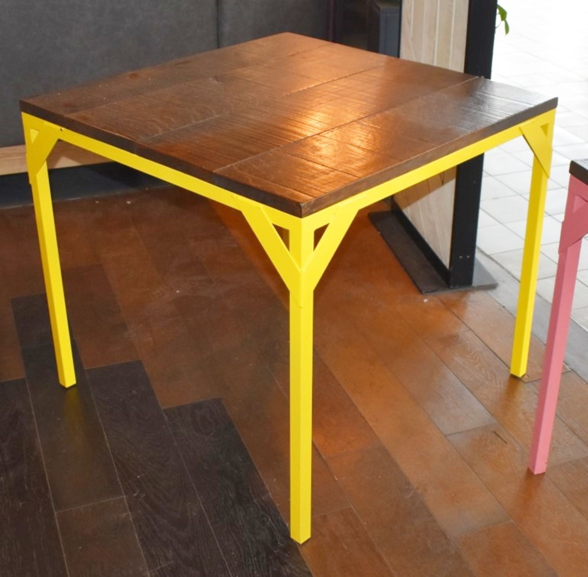 2 x Dining Tables With Bright Yellow Steel Bases and Wooden Panelled Tops - Size: H77  W85 x D85 cms
