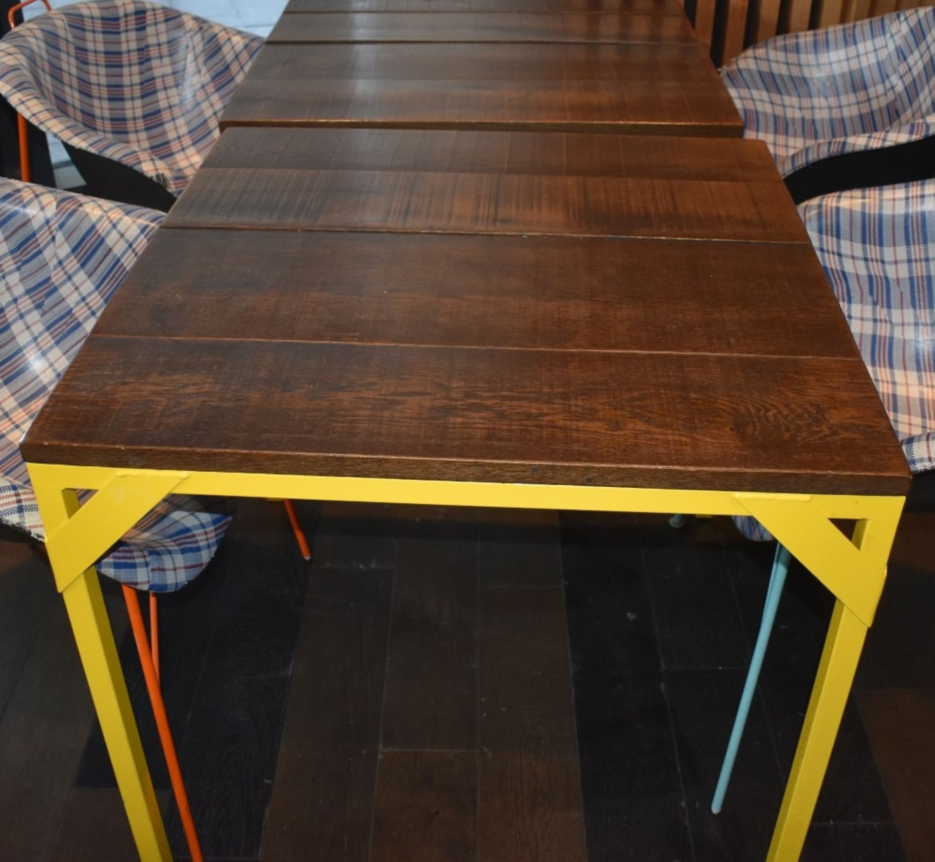 2 x Dining Tables With Bright Yellow Steel Bases and Wooden Panelled Tops - Size: H77  W85 x D85 cms - Image 4 of 4