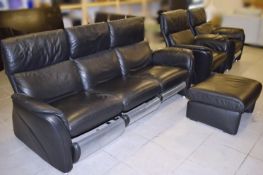 1 x Black Leather Reclining Sofa Set With Two Reclining Armchairs and Footstool - To Be Removed From