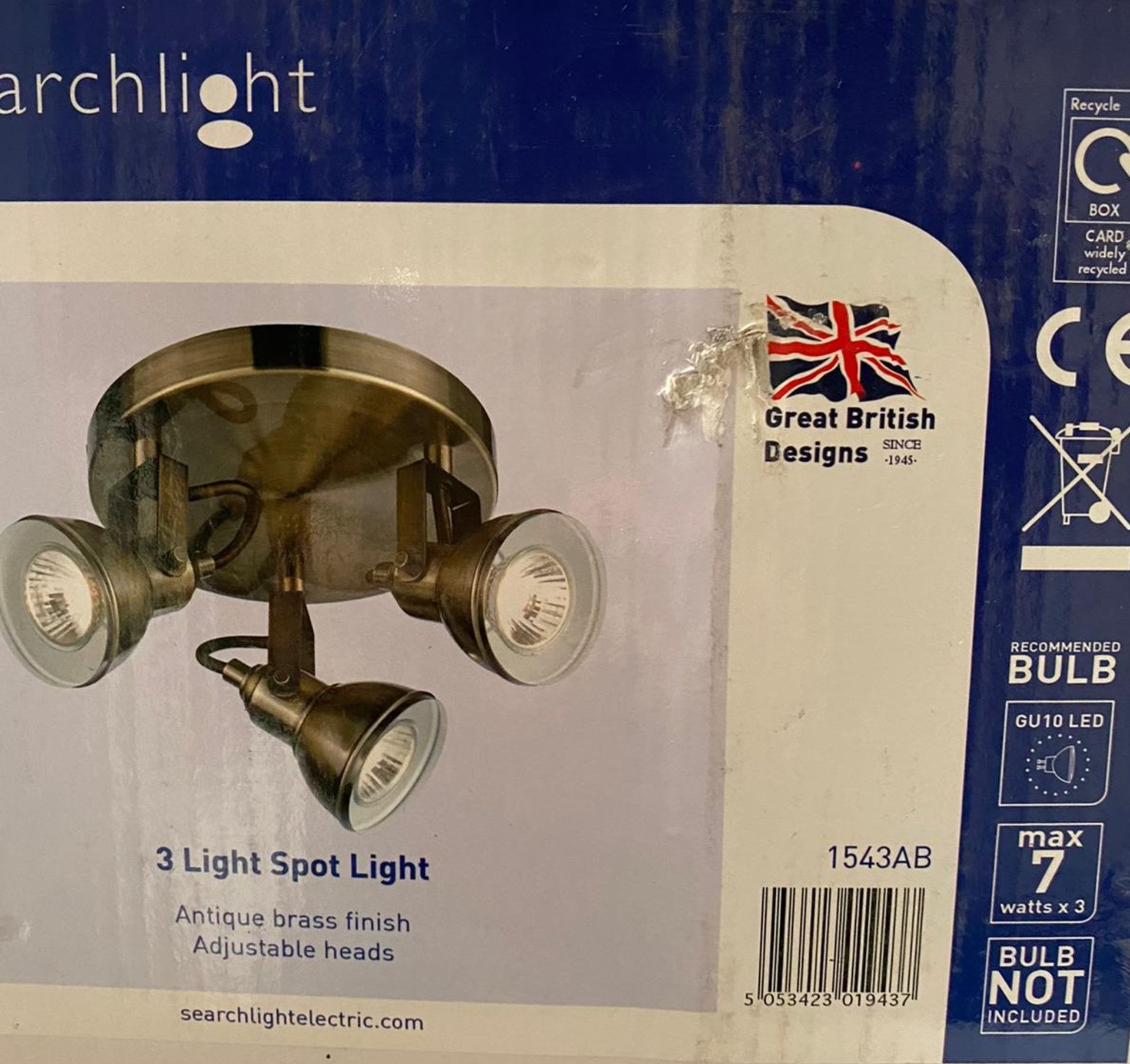 1 x Searchlight 3 Light Spot Light in Antique Brass - Ref: 1543AB - New and Boxed - RRP: £70