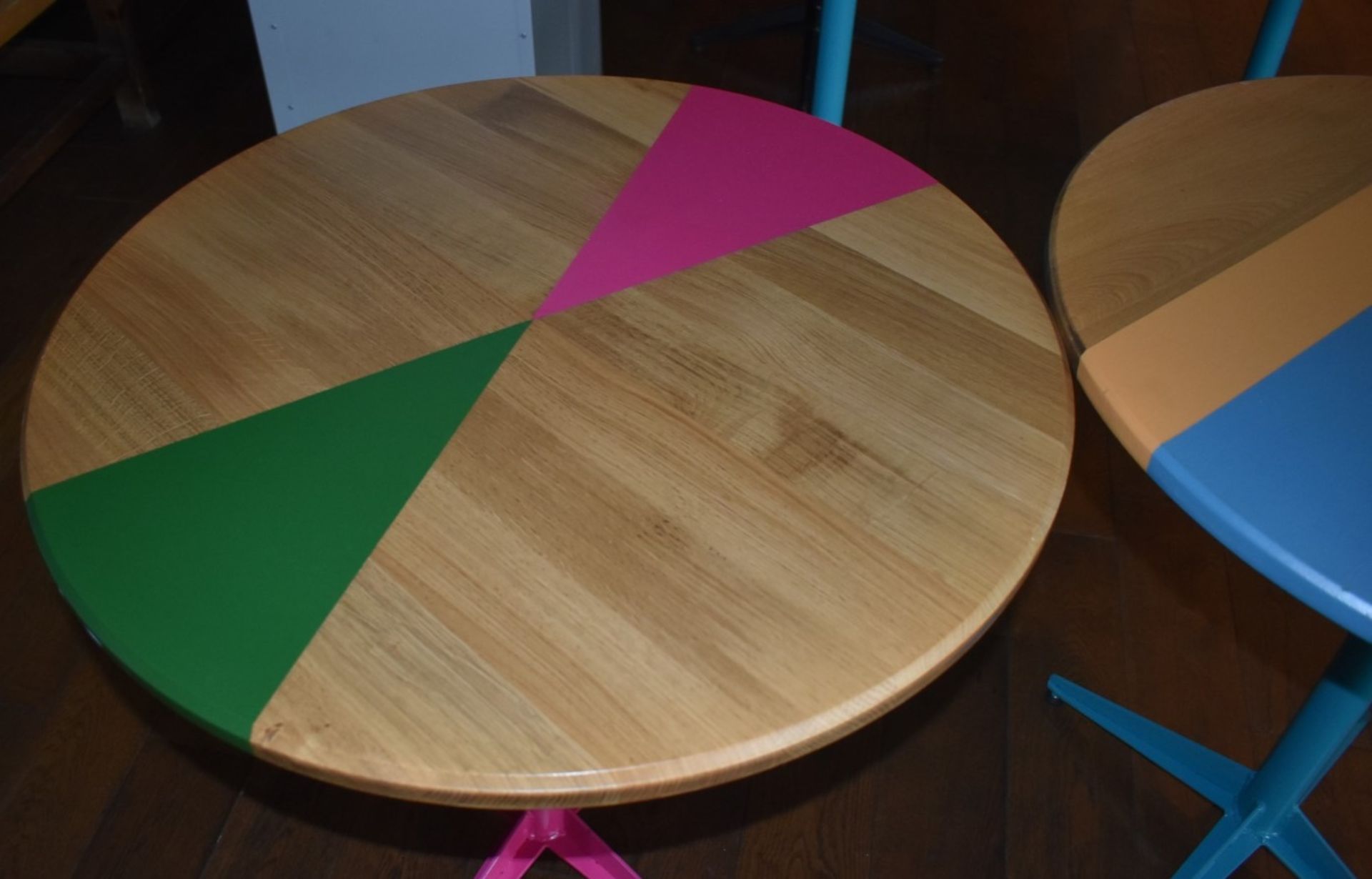 2 x Contemporary Round Dining Tables WWith Oak Tops and Pink/Blue Steel Bases - 73cm Diameter - Ref: - Image 2 of 3