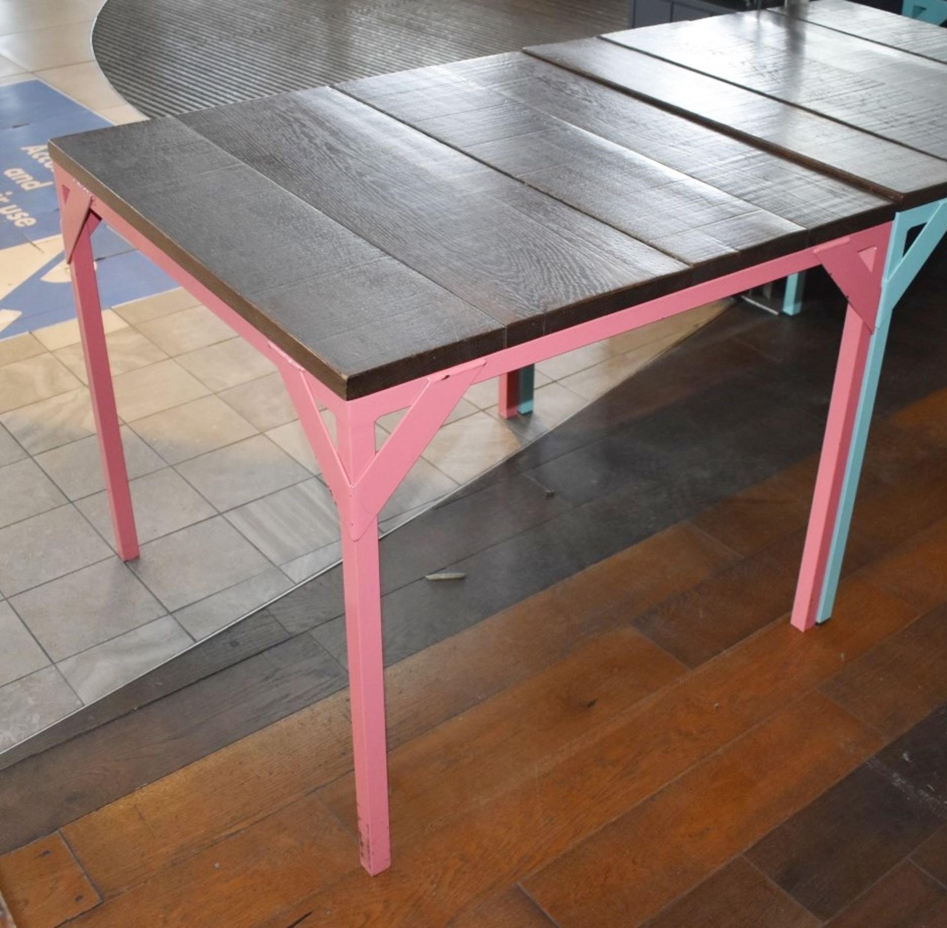 2 x Dining Tables With Light Pink Steel Bases and Wooden Panelled Tops - Size: H77  W85 x D85