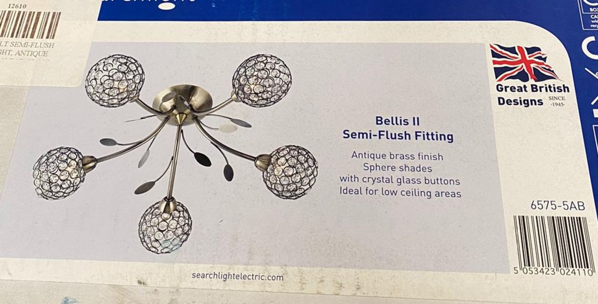 1 x Searchlight Bellis II Semi-Flush Fitting in Antique Brass - Ref: 6575-5AB- New Boxed - RRP: £190
