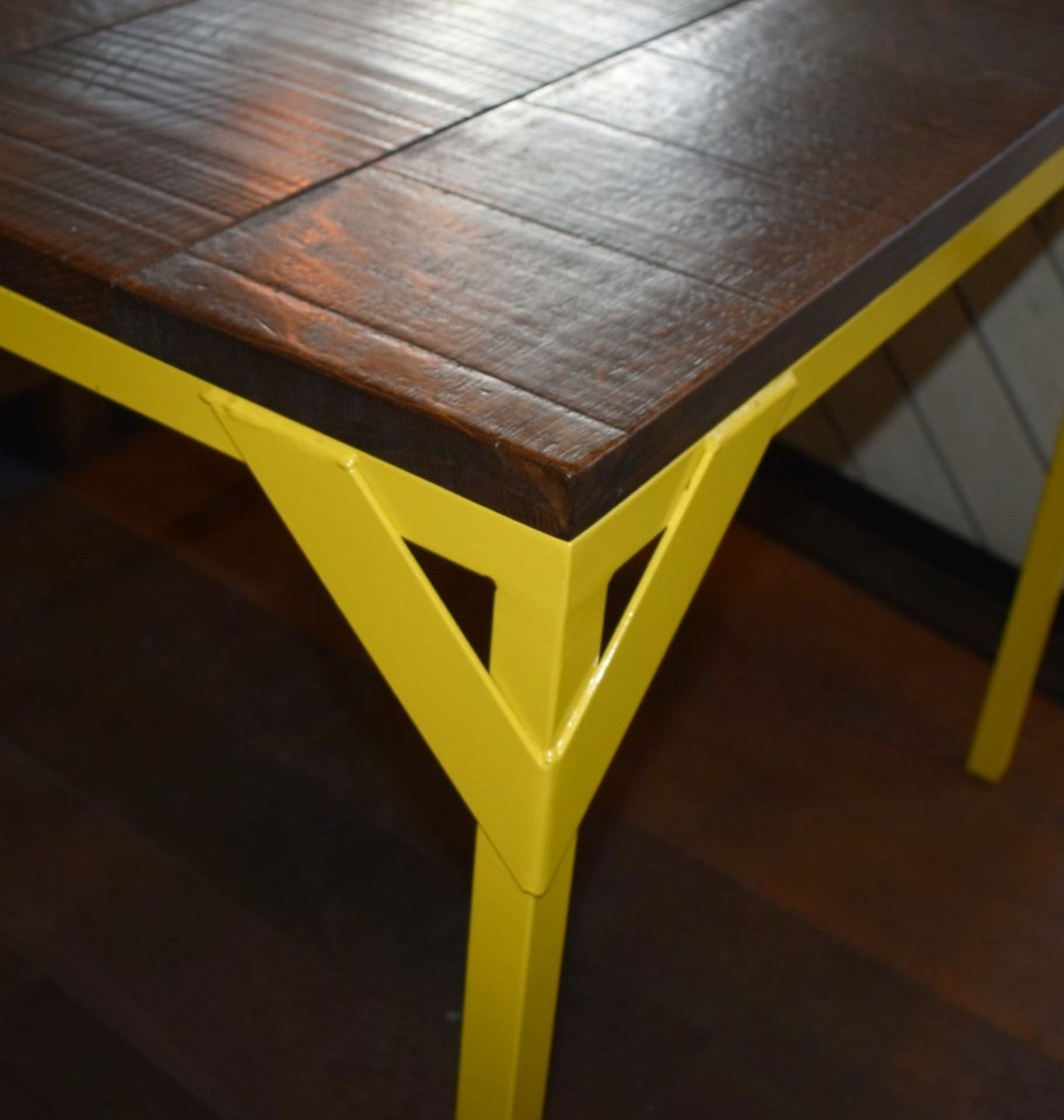 2 x Dining Tables With Bright Yellow Steel Bases and Wooden Panelled Tops - Size: H77  W85 x D85 cms - Image 3 of 4