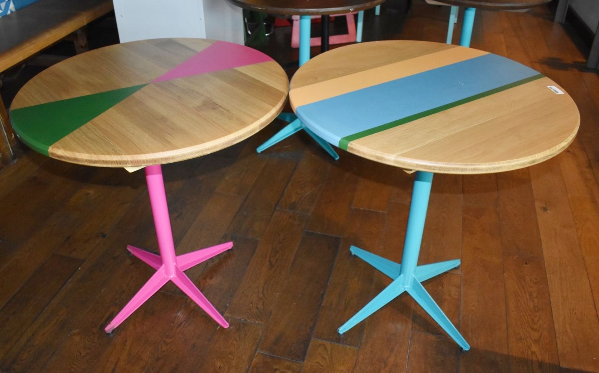 2 x Contemporary Round Dining Tables WWith Oak Tops and Pink/Blue Steel Bases - 73cm Diameter - Ref: